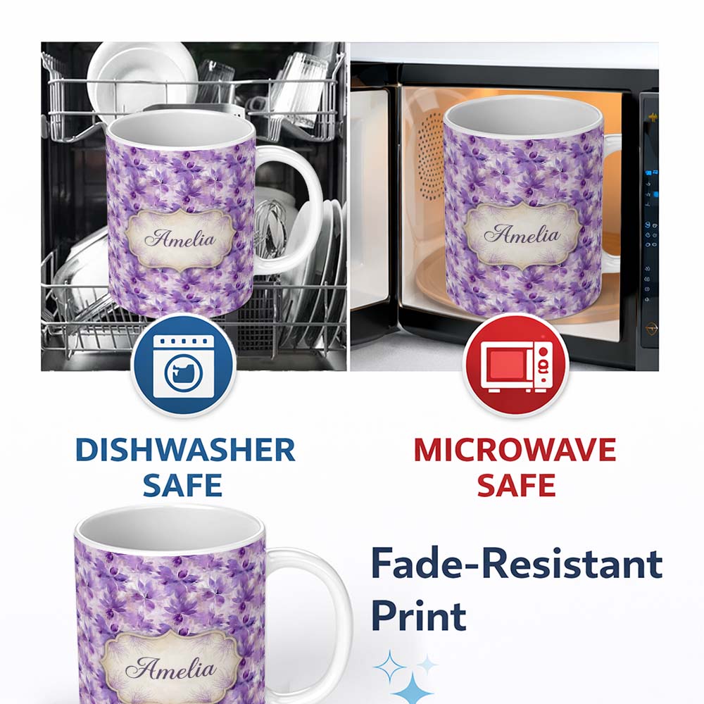 Personalized Custom Name Purple Watercolor Floral Abstract Seamless Pattern Soft Artistic 11oz Ceramic Coffee Tea Mug White Large Handle