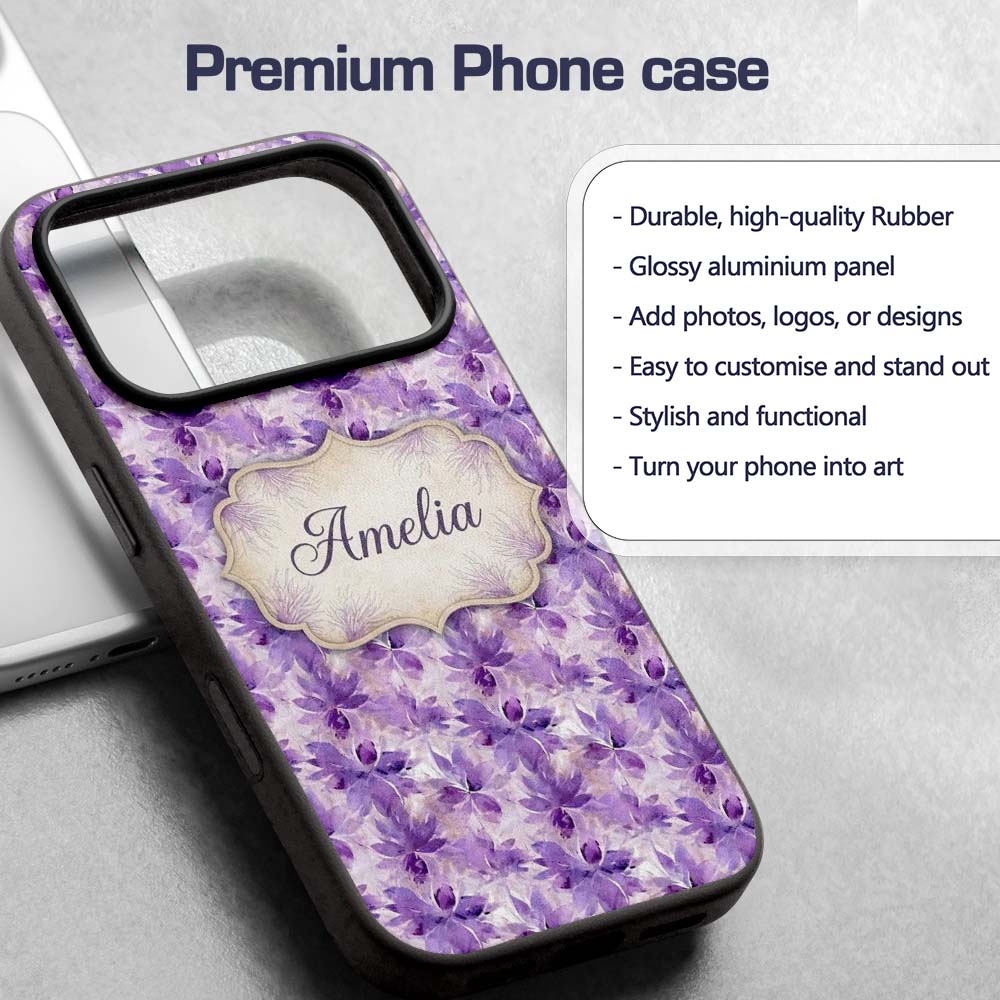 Purple Watercolor Floral Abstract Printed Design Custom Name Protective Phone Case Mobile Cover Durable Everyday Smartphone Shock Resistant