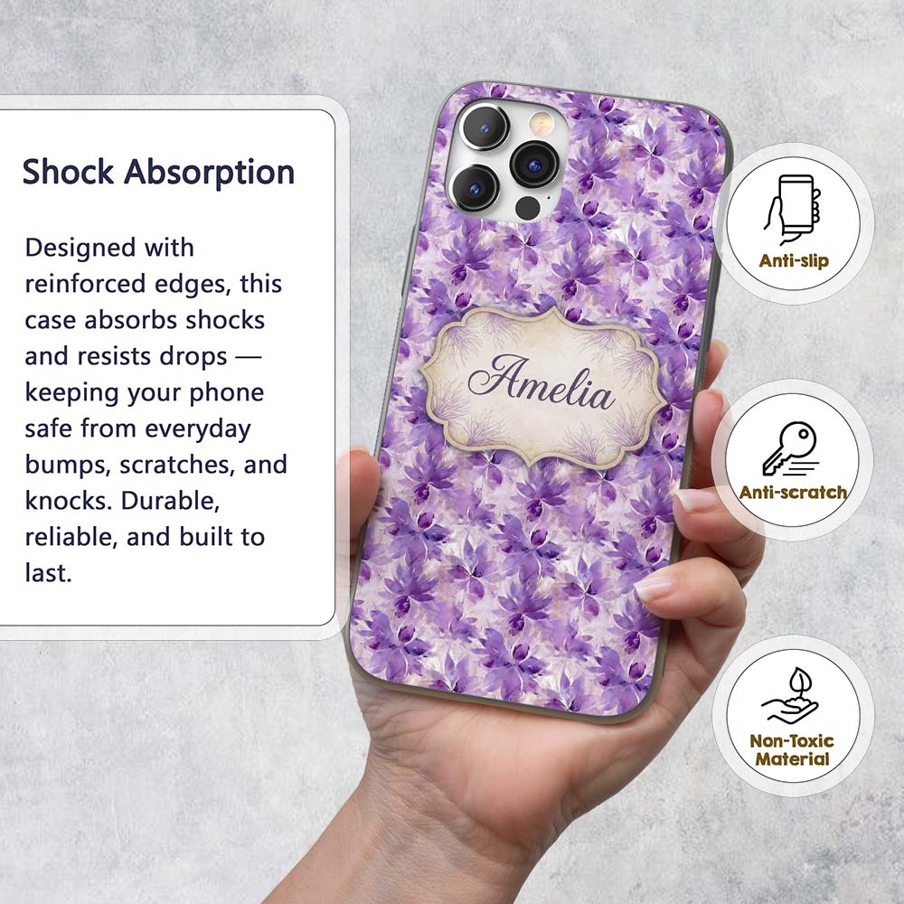 Purple Watercolor Floral Abstract Printed Design Custom Name Protective Phone Case Mobile Cover Durable Everyday Smartphone Shock Resistant