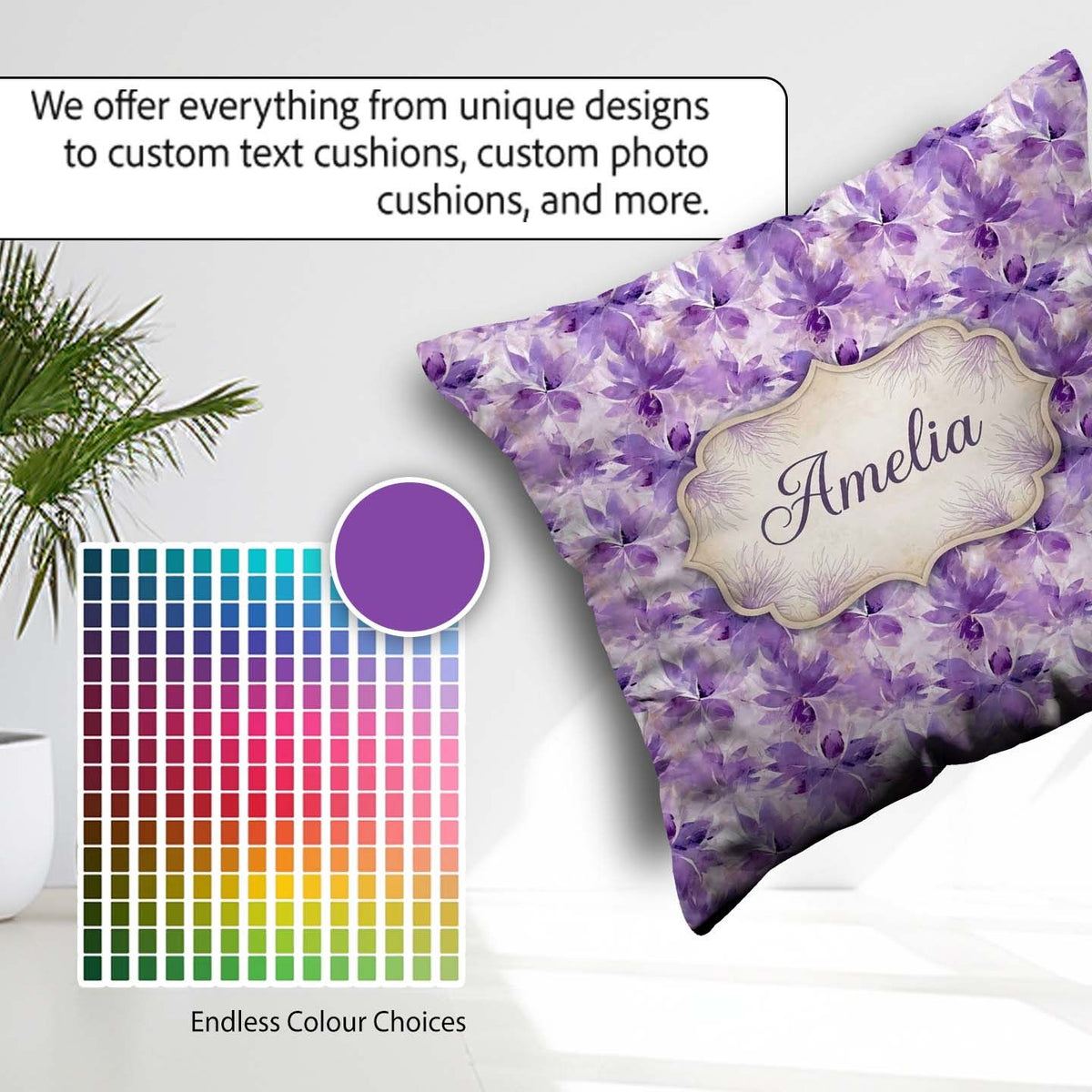 Custom Name Purple Watercolor Abstract Seamless Pattern Artistic Square Filled Cushion Throw Pillow Sofa Bed Home Decor Zip Washable UK Made