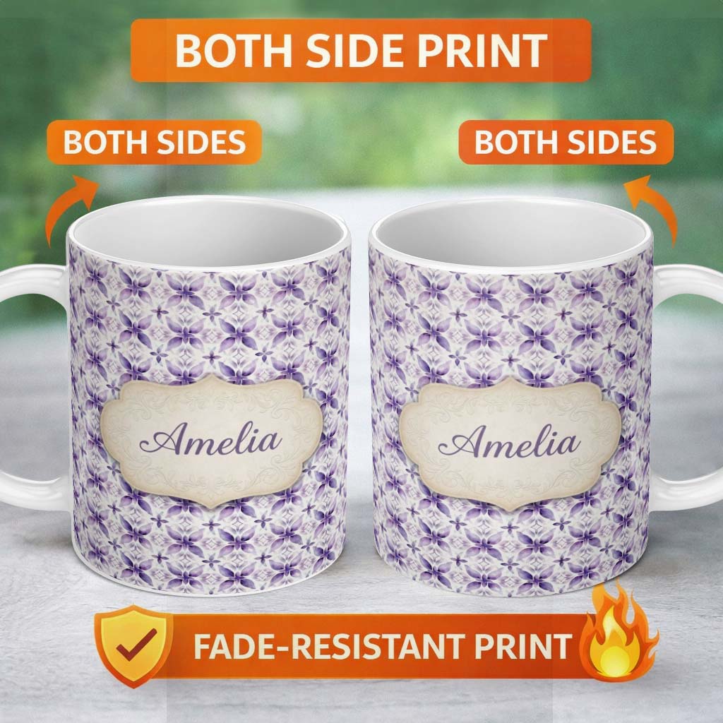 Personalized Custom Name Purple Floral Tile Symmetry Seamless Pattern Elegant Geometric 11oz Ceramic Coffee Tea Mug White Large Handle