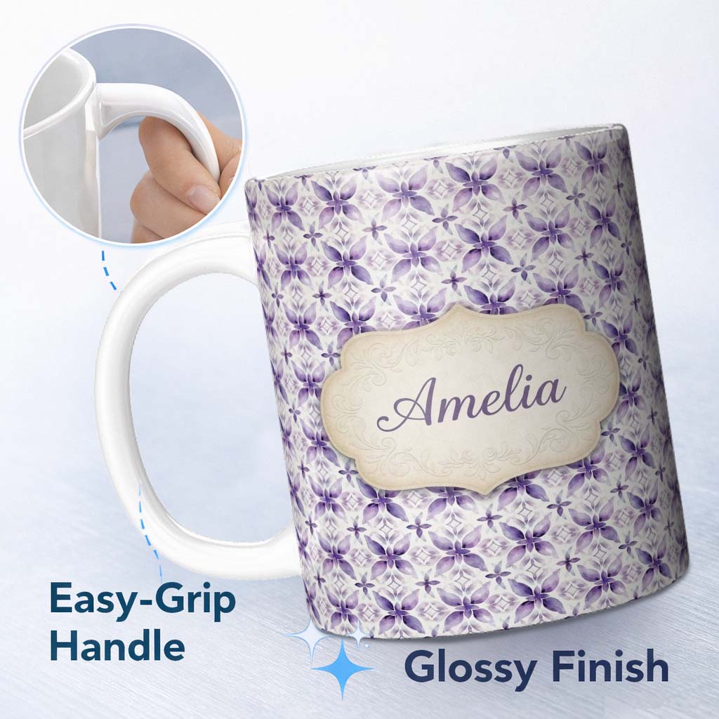 Personalized Custom Name Purple Floral Tile Symmetry Seamless Pattern Elegant Geometric 11oz Ceramic Coffee Tea Mug White Large Handle