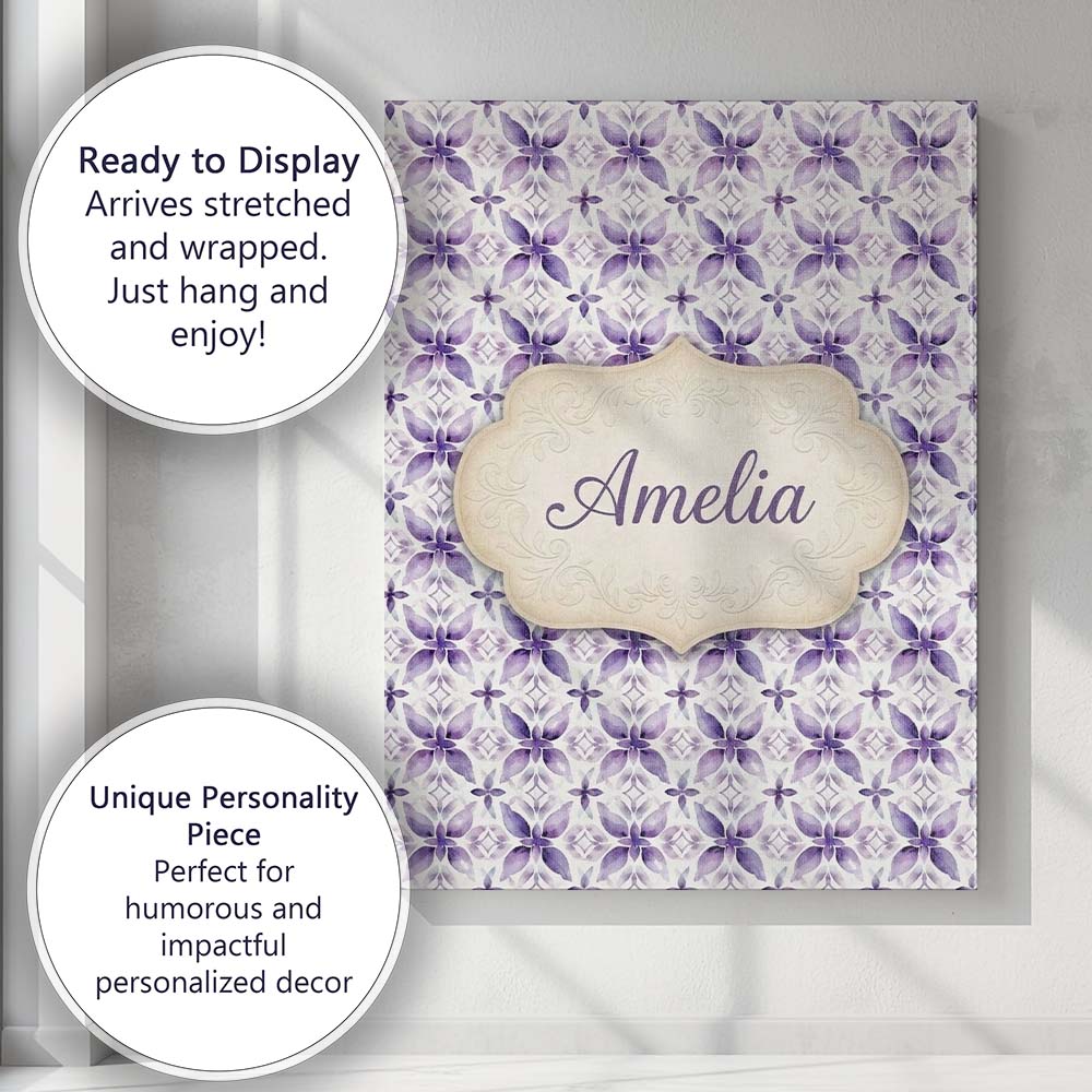 Personalised Name Purple Floral Tile Custom Premium Decorative Design Modern Room Accent Canvas Wall Art Print Decor Picture Ready to Hang