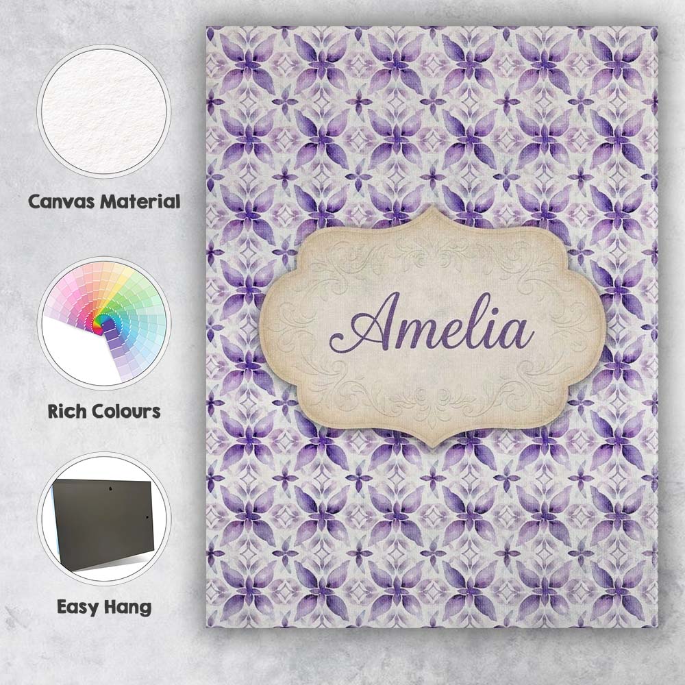 Personalised Name Purple Floral Tile Custom Premium Decorative Design Modern Room Accent Canvas Wall Art Print Decor Picture Ready to Hang