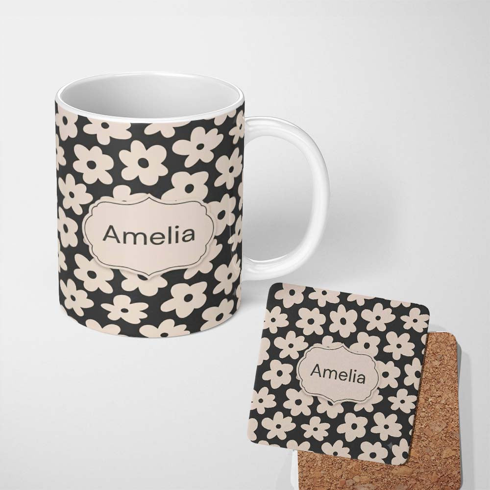 Personalized Custom Name Minimal Beige Flower Silhouette on Dark Background Seamless Pattern 11oz Ceramic Coffee Tea Mug White Large Handle