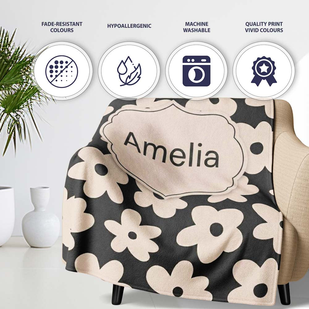 Minimal Beige Flower Silhouette on Dark Background Seamless Pattern Personalised Custom Name Super Soft Fleece Blanket Bed Sofa Throw
