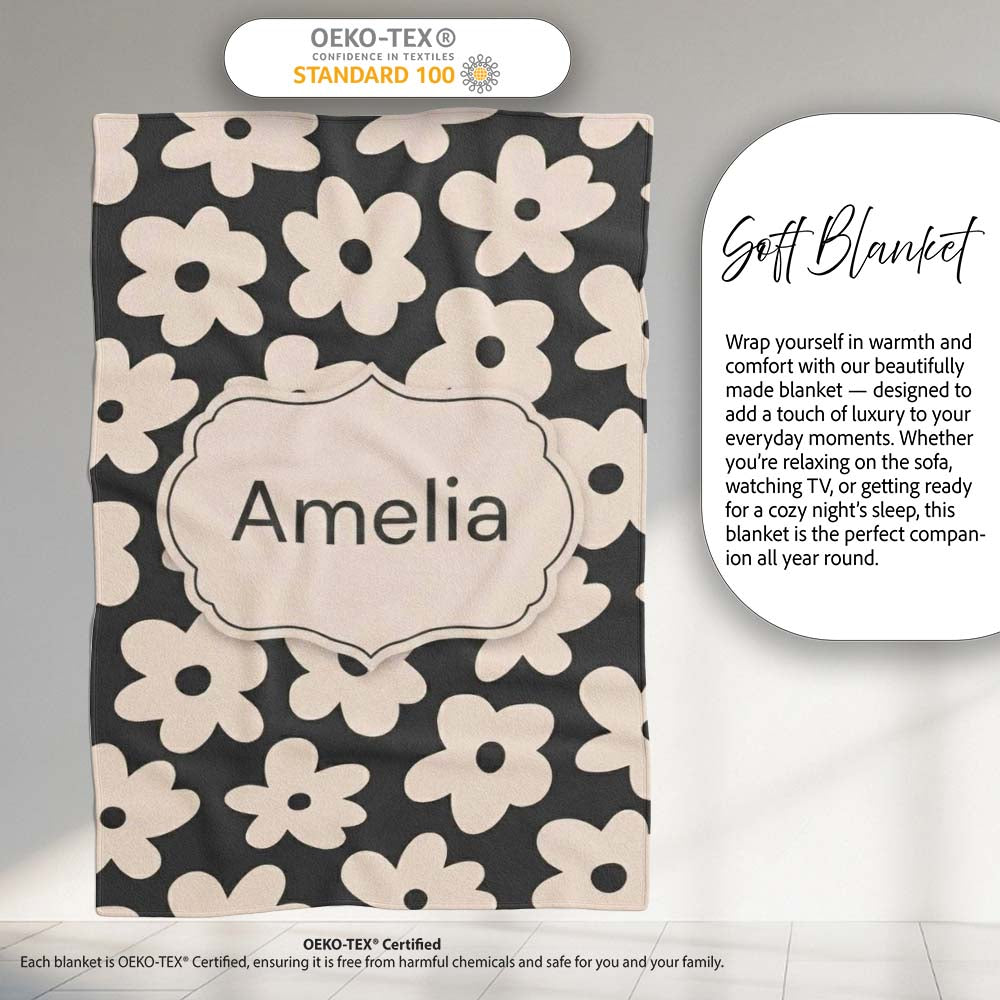 Minimal Beige Flower Silhouette on Dark Background Seamless Pattern Personalised Custom Name Super Soft Fleece Blanket Bed Sofa Throw