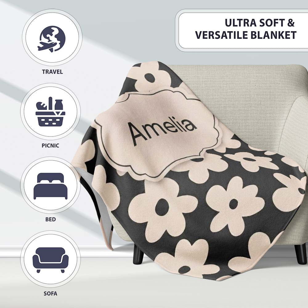 Minimal Beige Flower Silhouette on Dark Background Seamless Pattern Personalised Custom Name Super Soft Fleece Blanket Bed Sofa Throw