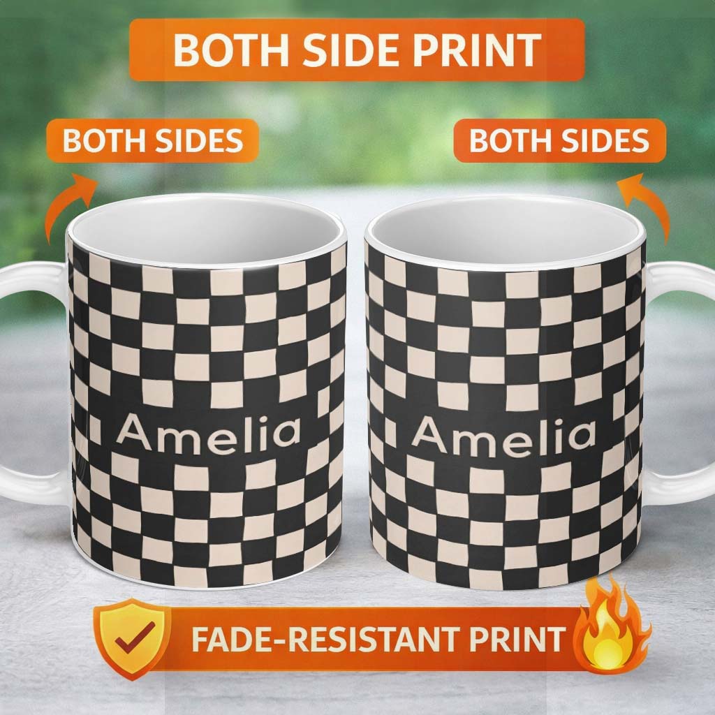 Personalized Custom Name Black White Wavy Checkerboard Seamless Pattern Geometric Style Name 11oz Ceramic Coffee Tea Mug White Large Handle