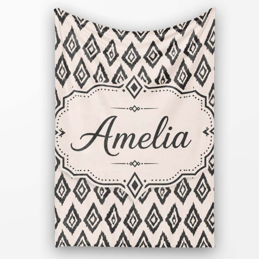 Black Tribal Diamond Ikat Seamless Pattern Ethnic Geometric Design Personalised Custom Name Super Soft Fleece Blanket Bed Sofa Throw