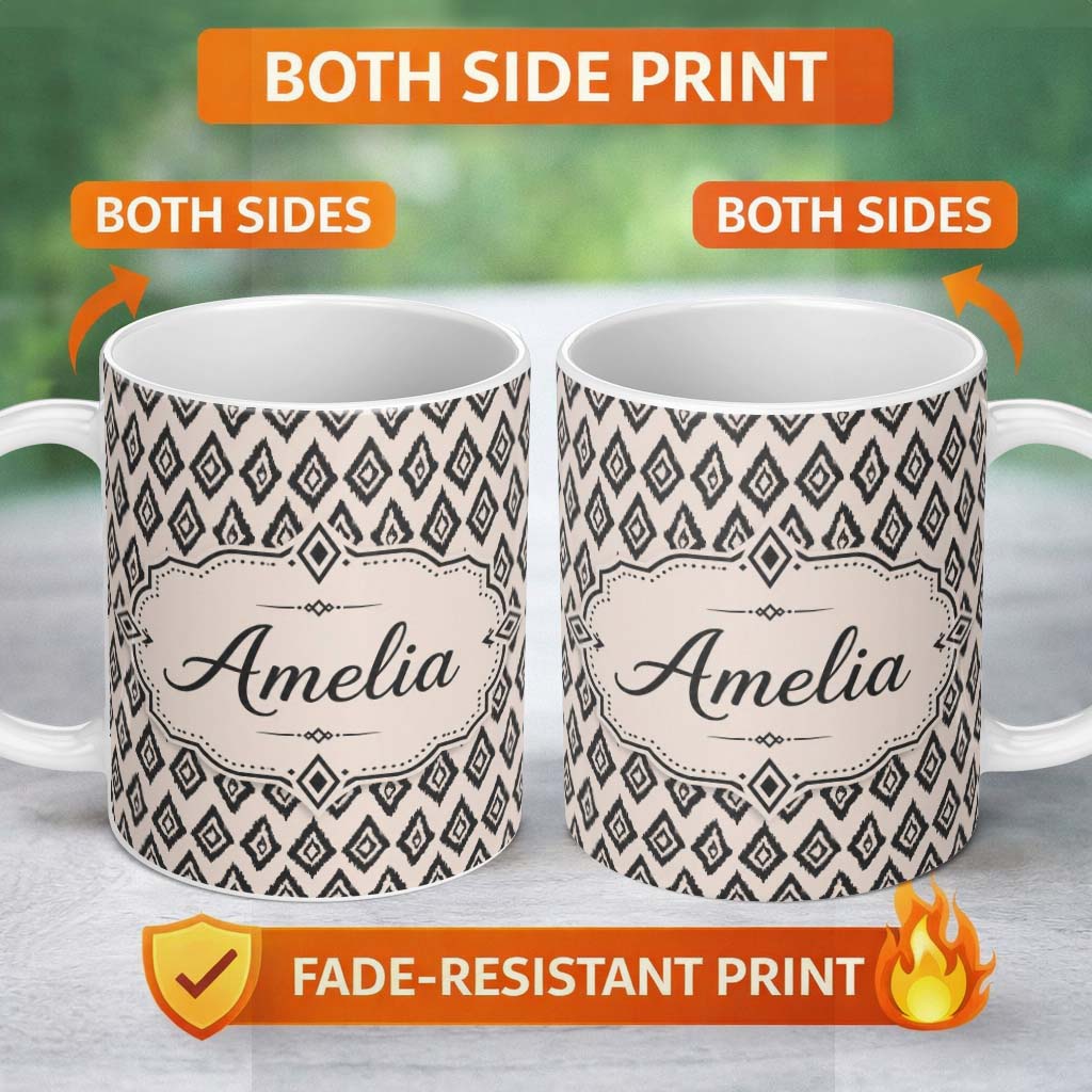 Personalized Custom Name Black Tribal Diamond Ikat Seamless Pattern Ethnic Geometric Design 11oz Ceramic Coffee Tea Mug White Large Handle
