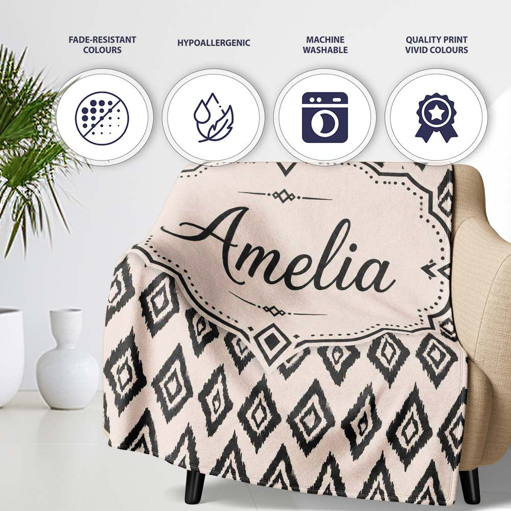 Black Tribal Diamond Ikat Seamless Pattern Ethnic Geometric Design Personalised Custom Name Super Soft Fleece Blanket Bed Sofa Throw