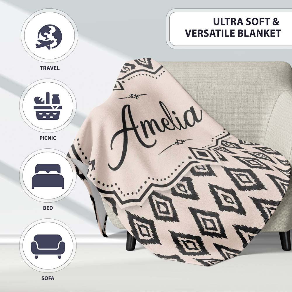 Black Tribal Diamond Ikat Seamless Pattern Ethnic Geometric Design Personalised Custom Name Super Soft Fleece Blanket Bed Sofa Throw