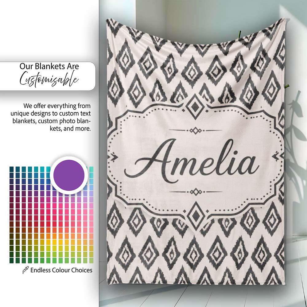 Black Tribal Diamond Ikat Seamless Pattern Ethnic Geometric Design Personalised Custom Name Super Soft Fleece Blanket Bed Sofa Throw