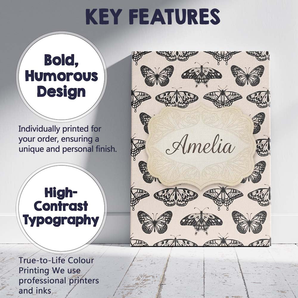 Personalised Name Black Butterfly Illustration Seamless Pattern Creative Decorator Style Canvas Wall Art Print Decor Picture Ready to Hang