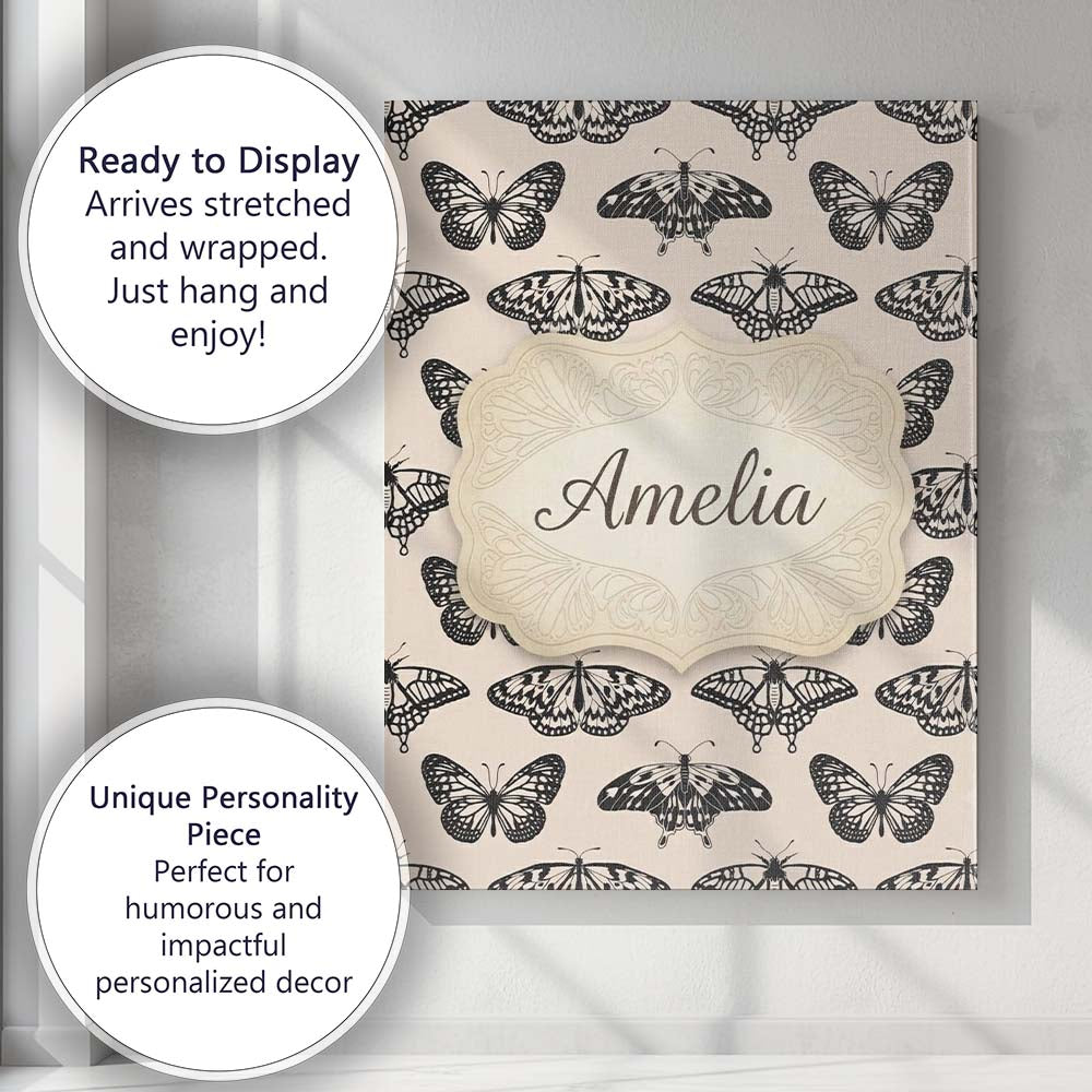 Personalised Name Black Butterfly Illustration Seamless Pattern Creative Decorator Style Canvas Wall Art Print Decor Picture Ready to Hang
