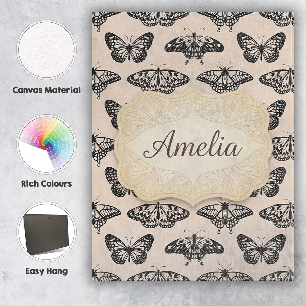Personalised Name Black Butterfly Illustration Seamless Pattern Creative Decorator Style Canvas Wall Art Print Decor Picture Ready to Hang