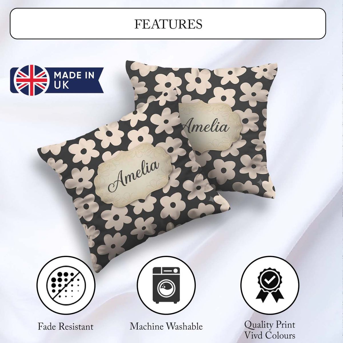 Custom Name Minimal Beige Flower Seamless Pattern Modern Floral Square Filled Cushion Throw Pillow Sofa Bed Home Decor Zip Washable UK Made
