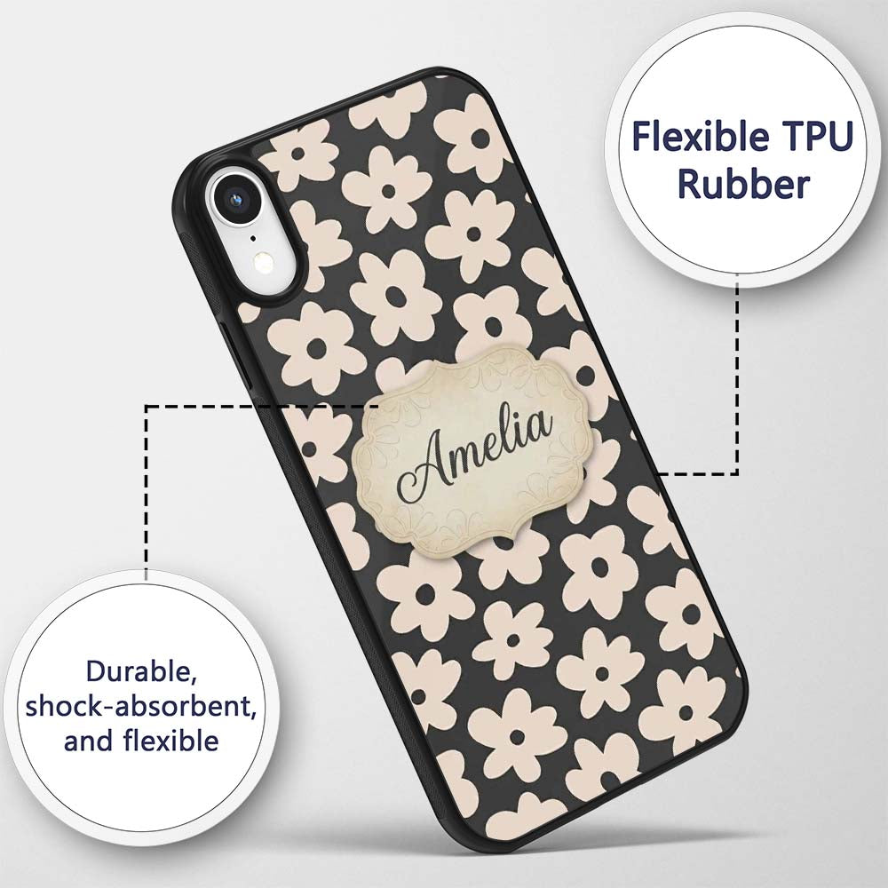 Minimal Beige Flower Silhouette Seamless Pattern Custom Name Protective Phone Case Mobile Cover Durable Everyday Smartphone Shock Resistant