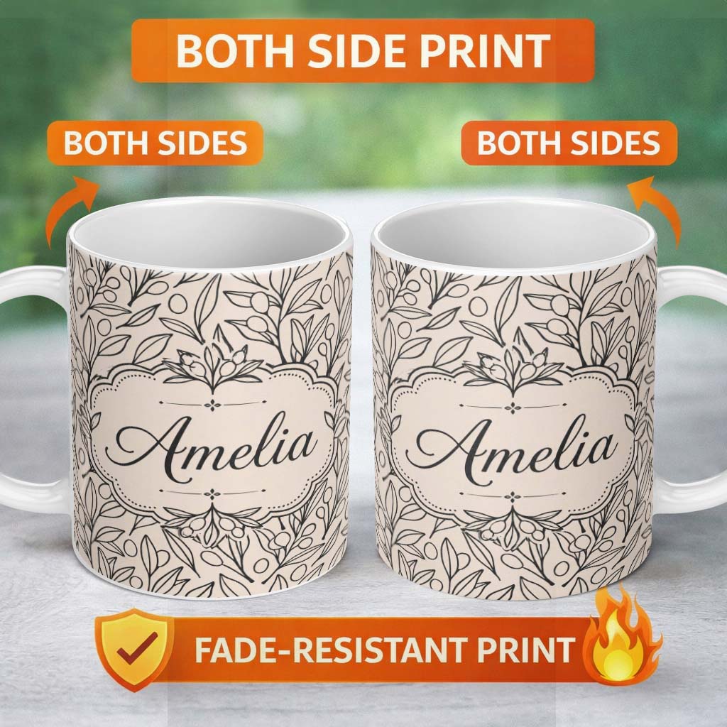 Personalized Custom Name Neutral Botanical Line Art Leaves Seamless Pattern Minimal Nature 11oz Ceramic Coffee Tea Mug White Large Handle