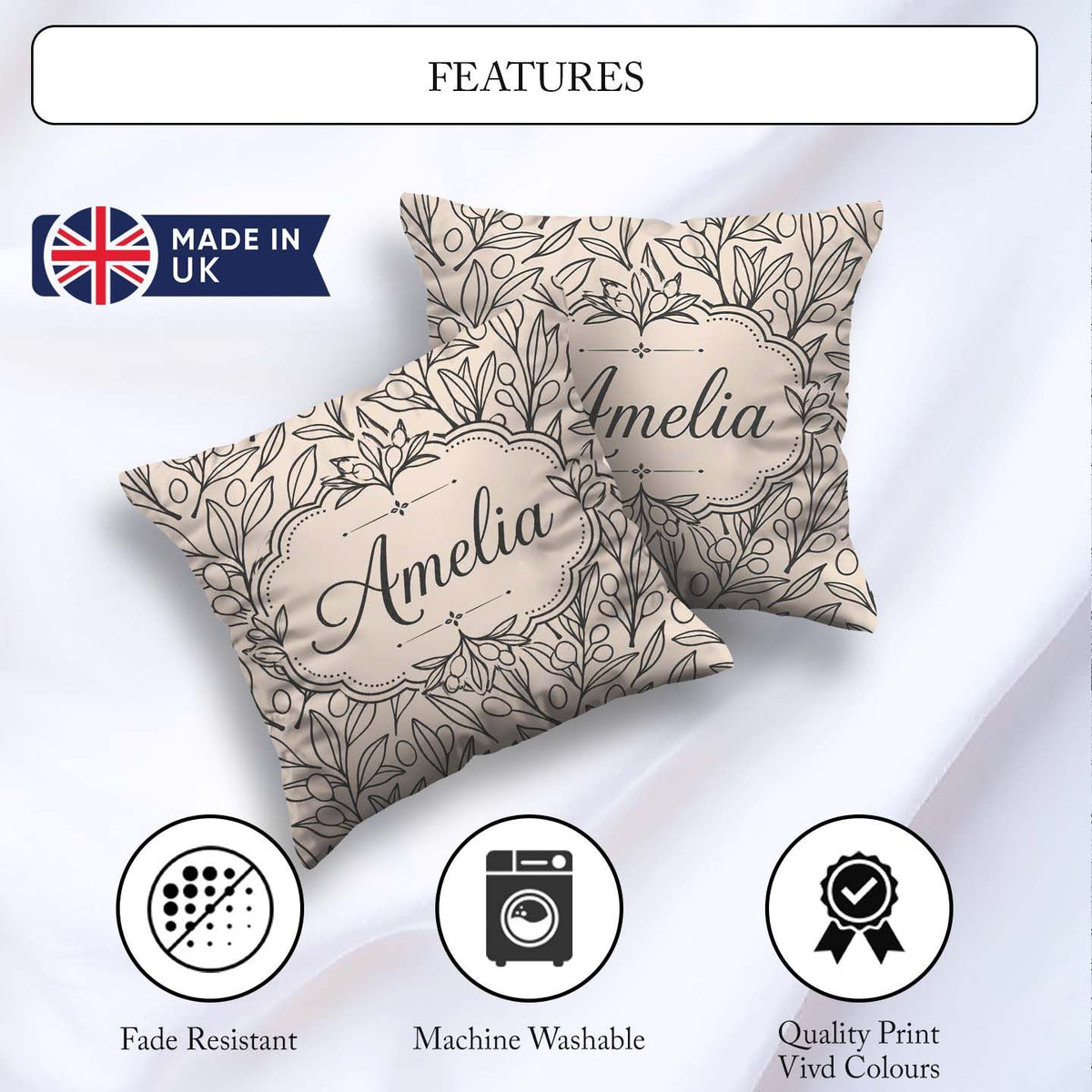 Custom Name Neutral Botanical Art Leaves Seamless Pattern Nature Square Filled Cushion Throw Pillow Sofa Bed Home Decor Zip Washable UK Made