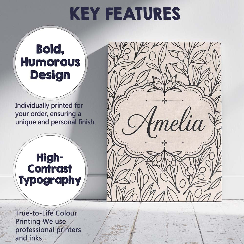 Personalised Name Neutral Botanical Line Custom Unique Gift Idea Elegant Feature Canvas Wall Art Print Decor Picture Ready to Hang