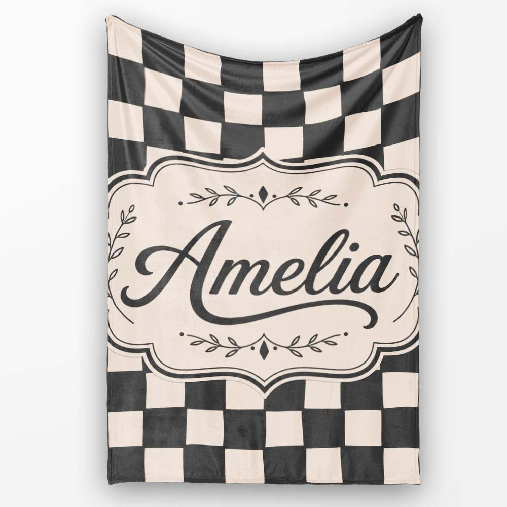 Black White Wavy Checkerboard Seamless Pattern Geometric Style Name Personalised Custom Name Super Soft Fleece Blanket Bed Sofa Throw