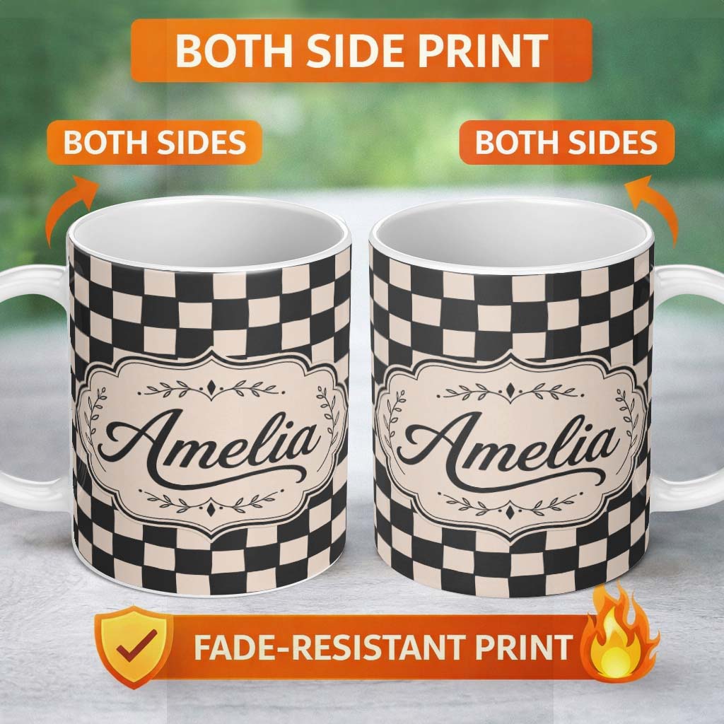 Personalized Custom Name Black White Wavy Checkerboard Seamless Pattern Geometric Style Name 11oz Ceramic Coffee Tea Mug White Large Handle