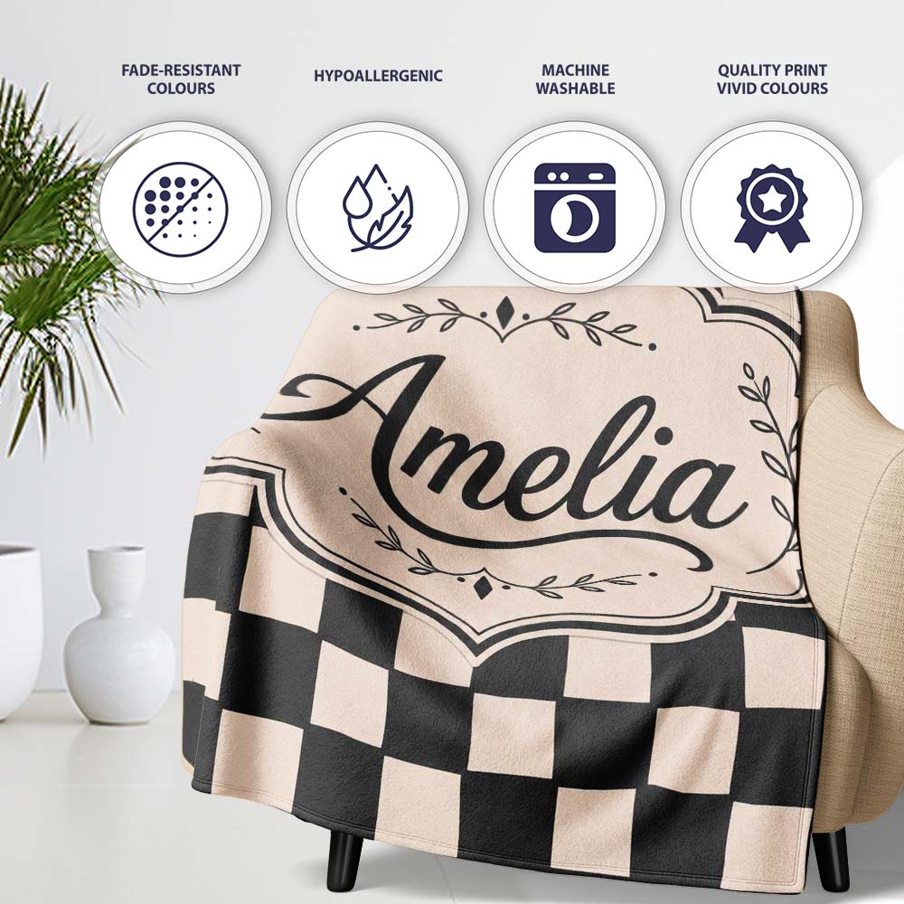 Black White Wavy Checkerboard Seamless Pattern Geometric Style Name Personalised Custom Name Super Soft Fleece Blanket Bed Sofa Throw