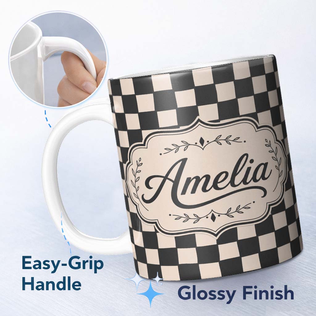 Personalized Custom Name Black White Wavy Checkerboard Seamless Pattern Geometric Style Name 11oz Ceramic Coffee Tea Mug White Large Handle