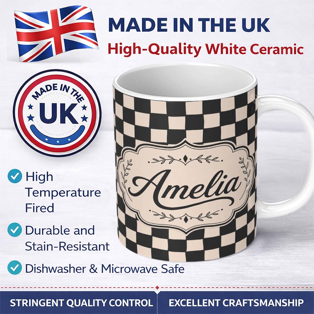 Personalized Custom Name Black White Wavy Checkerboard Seamless Pattern Geometric Style Name 11oz Ceramic Coffee Tea Mug White Large Handle
