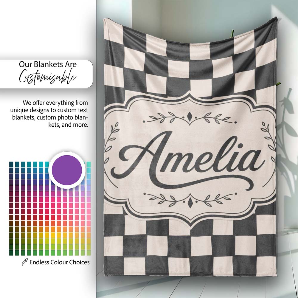 Black White Wavy Checkerboard Seamless Pattern Geometric Style Name Personalised Custom Name Super Soft Fleece Blanket Bed Sofa Throw