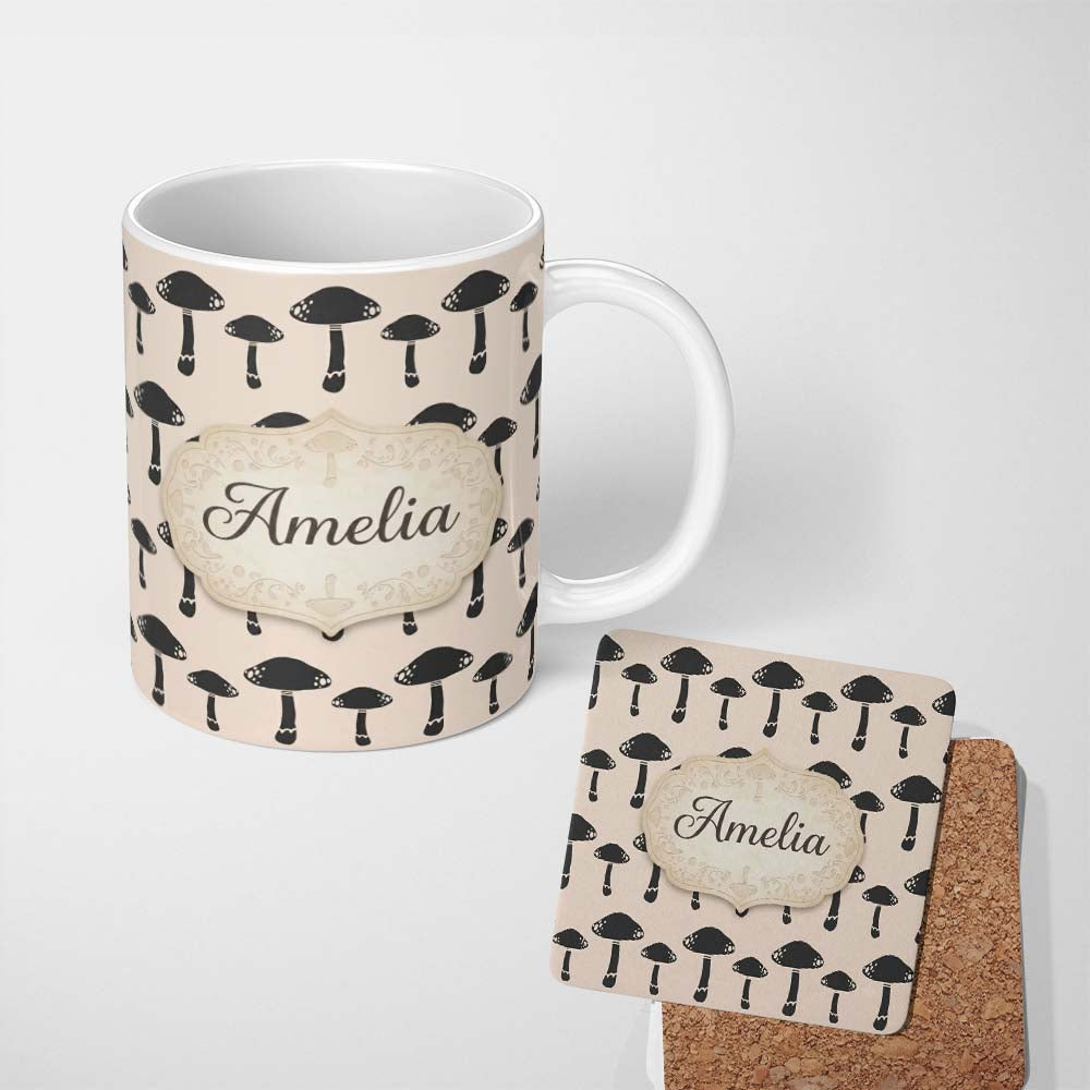 Personalized Custom Name Minimal Black Mushroom Illustration Seamless Pattern Cute Nature 11oz Ceramic Coffee Tea Mug White Large Handle