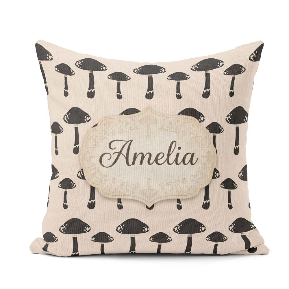 Custom Name Minimal Black Mushroom Seamless Pattern Cute Nature Square Filled Cushion Throw Pillow Sofa Bed Home Decor Zip Washable UK Made