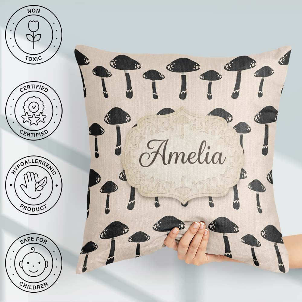 Custom Name Minimal Black Mushroom Seamless Pattern Cute Nature Square Filled Cushion Throw Pillow Sofa Bed Home Decor Zip Washable UK Made