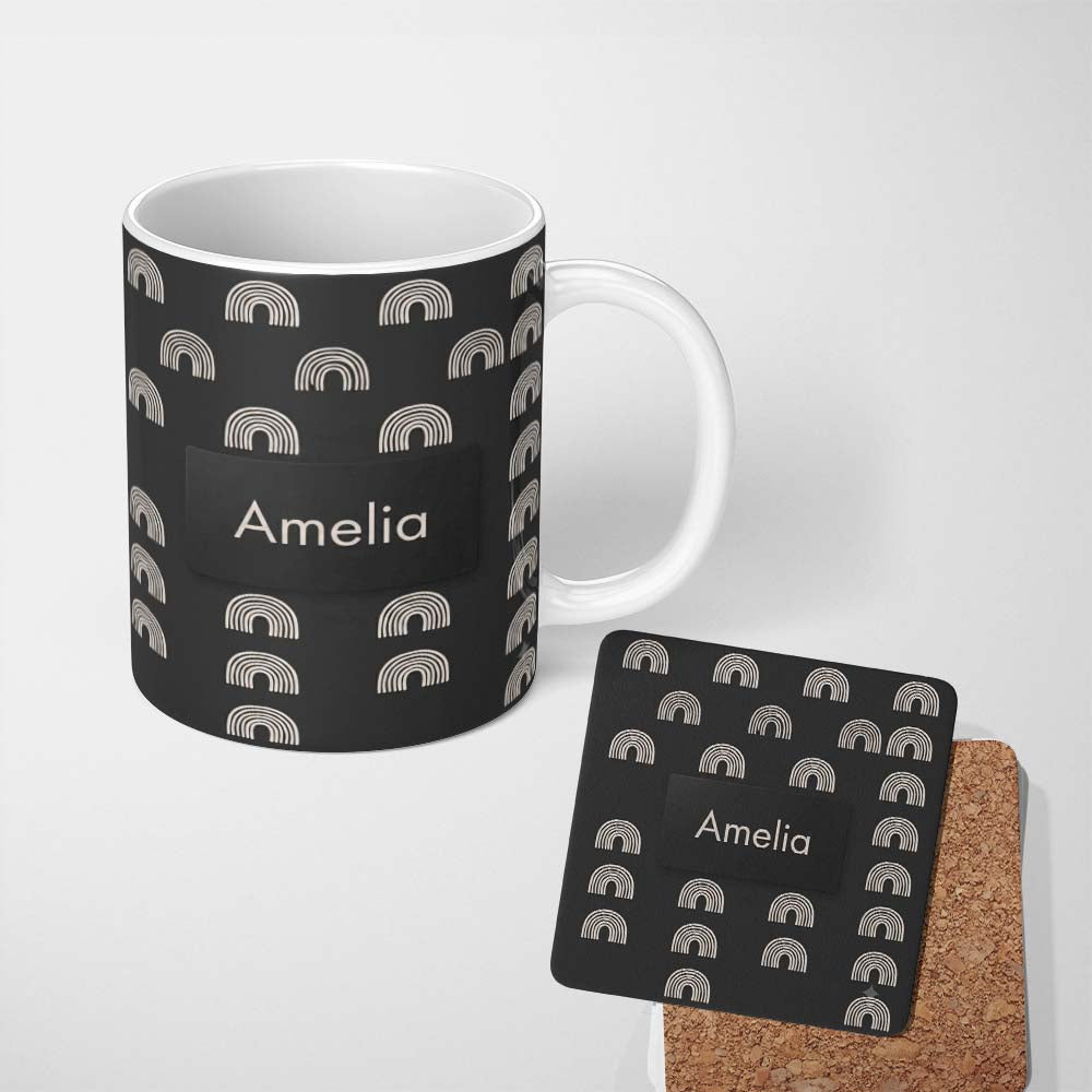 Personalized Custom Name Simple Rainbow Arch Line Art Seamless Pattern Modern Minimal Style 11oz Ceramic Coffee Tea Mug White Large Handle