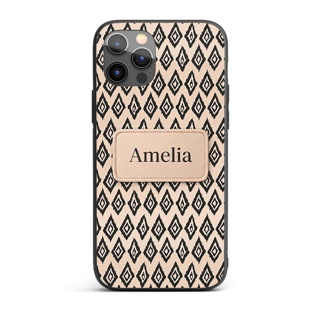 Black Tribal Diamond Ikat Seamless Pattern Ethnic Custom Name Protective Phone Case Mobile Cover Durable Everyday Smartphone Shock Resistant