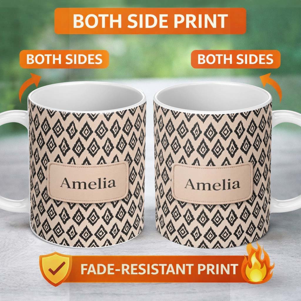 Personalized Custom Name Black Tribal Diamond Ikat Seamless Pattern Ethnic Geometric Design 11oz Ceramic Coffee Tea Mug White Large Handle
