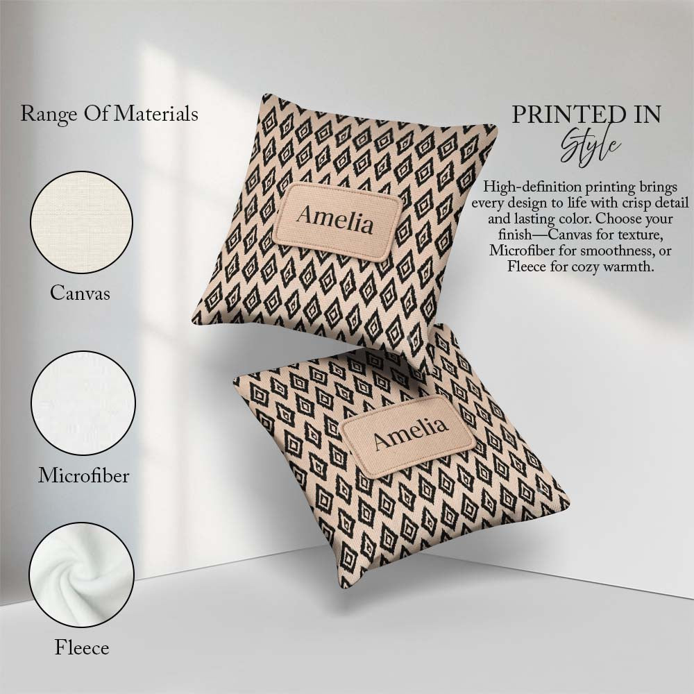 Custom Name Black Tribal Diamond Ikat Seamless Pattern Geometric Square Filled Cushion Throw Pillow Sofa Bed Home Decor Zip Washable UK Made