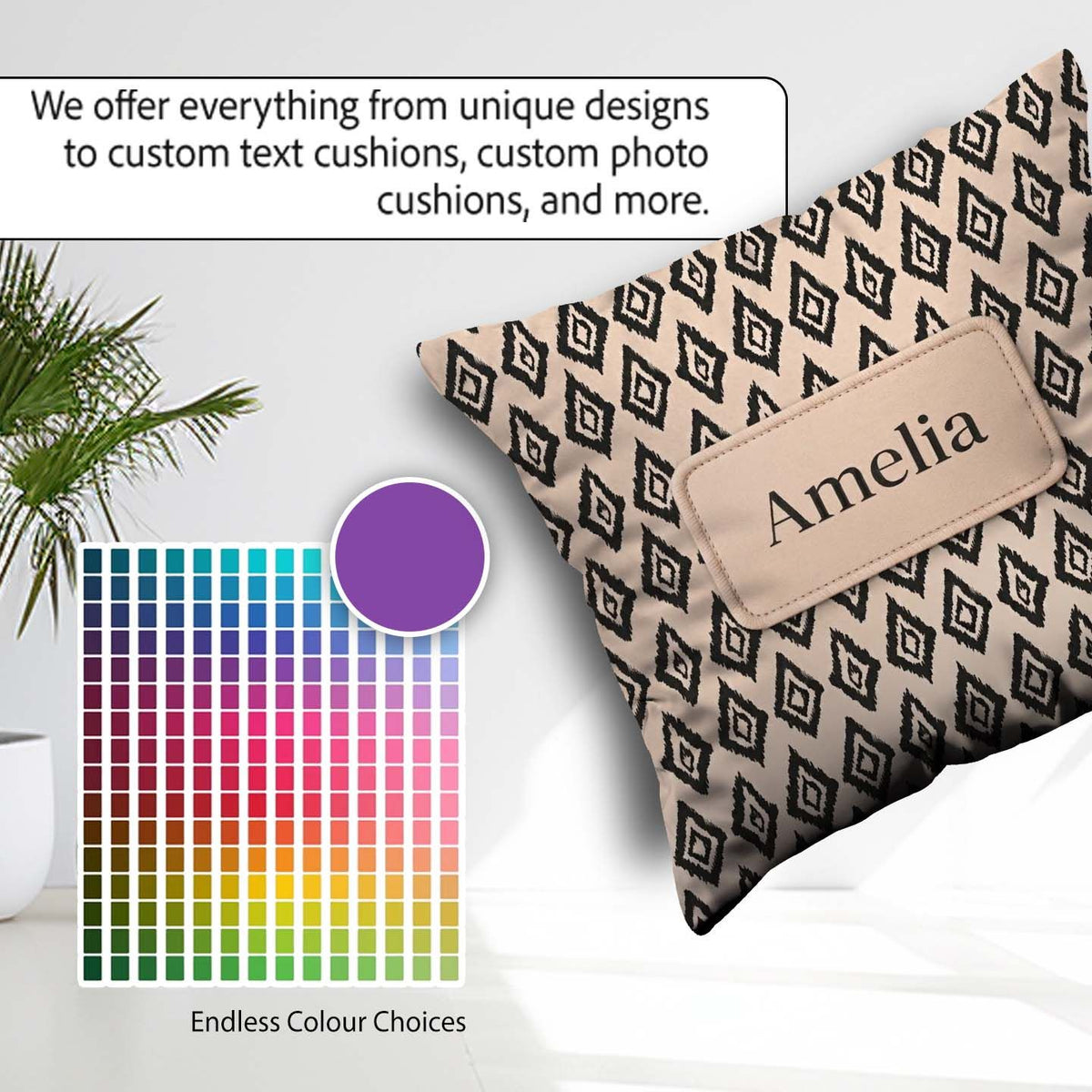 Custom Name Black Tribal Diamond Ikat Seamless Pattern Geometric Square Filled Cushion Throw Pillow Sofa Bed Home Decor Zip Washable UK Made