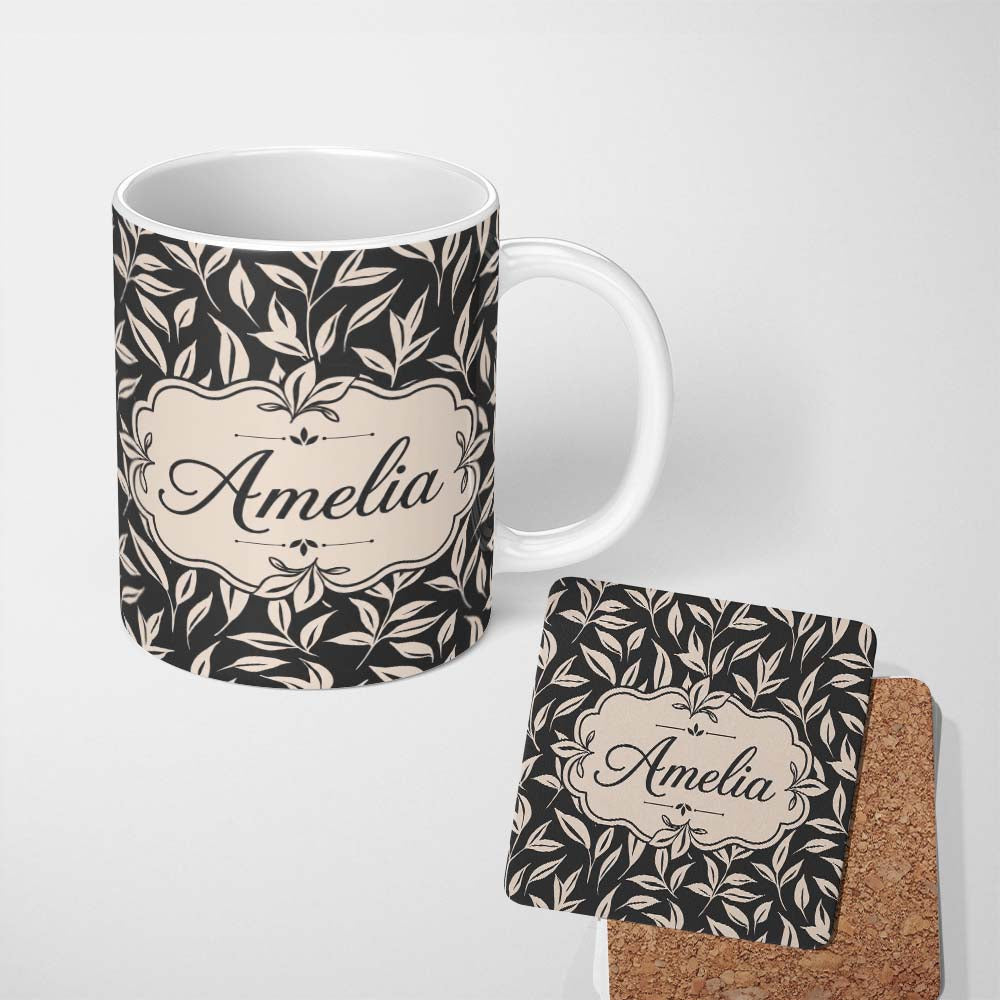 Personalized Custom Name Minimal Beige Leaf Botanical Seamless Pattern on Dark Background 11oz Ceramic Coffee Tea Mug White Large Handle