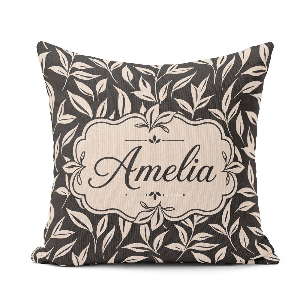 Custom Name Minimal Beige Leaf Botanical Pattern Dark Background Square Filled Cushion Throw Pillow Sofa Bed Home Decor Zip Washable UK Made