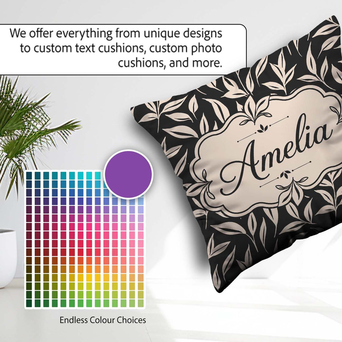 Custom Name Minimal Beige Leaf Botanical Pattern Dark Background Square Filled Cushion Throw Pillow Sofa Bed Home Decor Zip Washable UK Made