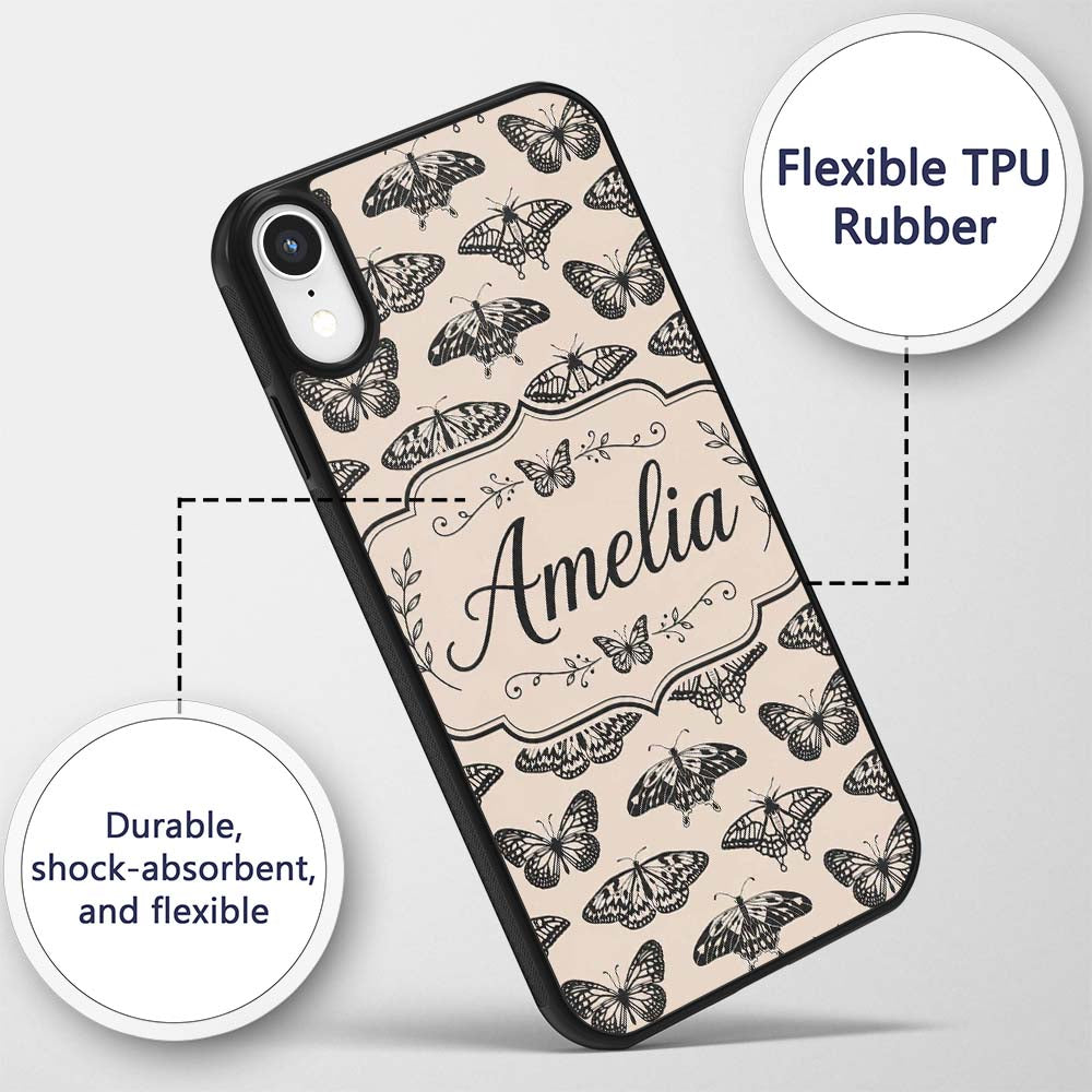 Black Butterfly Illustration Seamless Pattern Custom Name Protective Phone Case Mobile Cover Durable Everyday Smartphone Shock Resistant