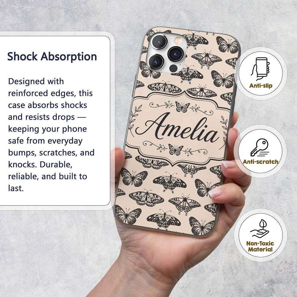 Black Butterfly Illustration Seamless Pattern Custom Name Protective Phone Case Mobile Cover Durable Everyday Smartphone Shock Resistant