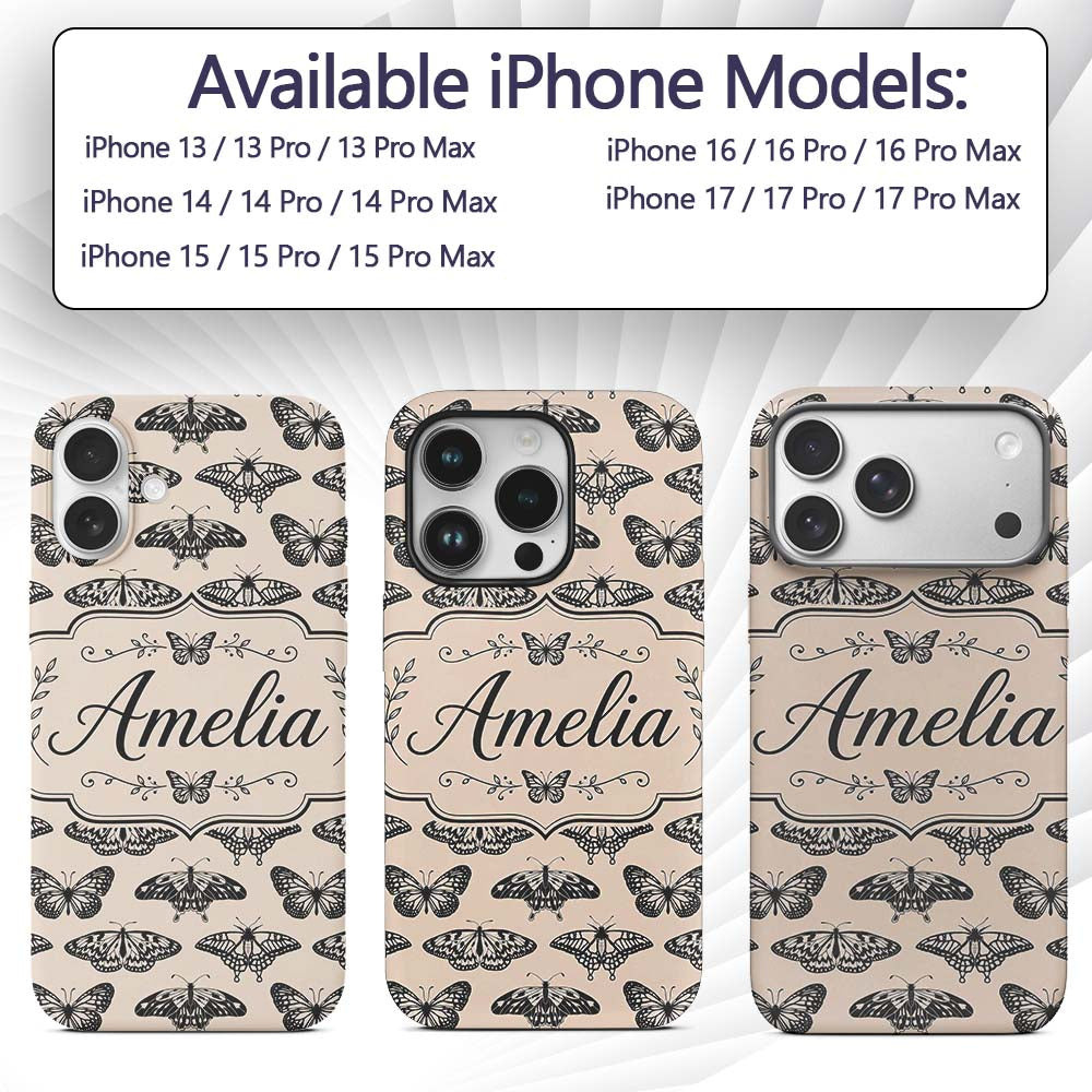 Black Butterfly Illustration Seamless Pattern Custom Name Protective Phone Case Mobile Cover Durable Everyday Smartphone Shock Resistant