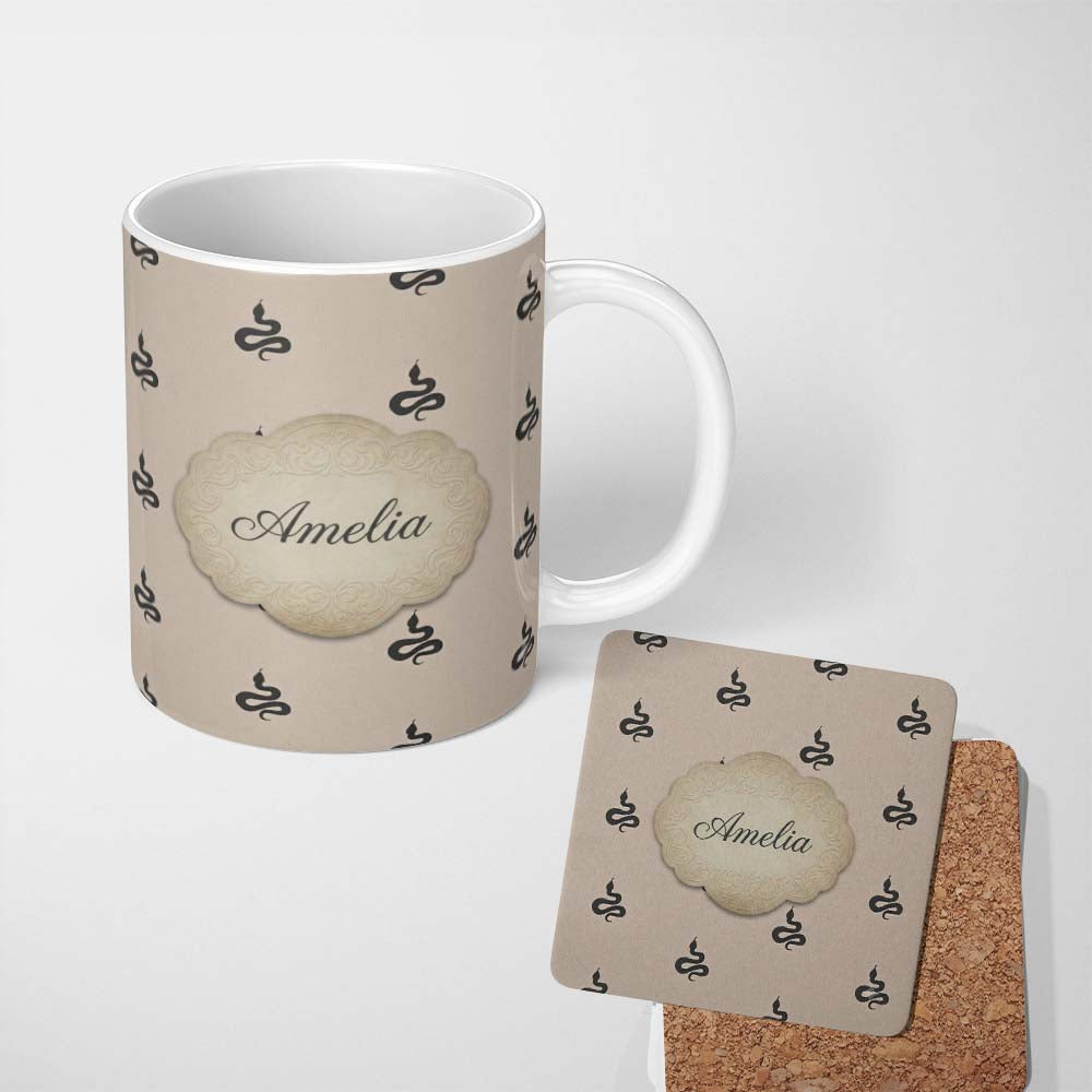 Personalized Custom Name Minimal Black Snake Silhouette Seamless Pattern on Neutral 11oz Ceramic Coffee Tea Mug White Large Handle