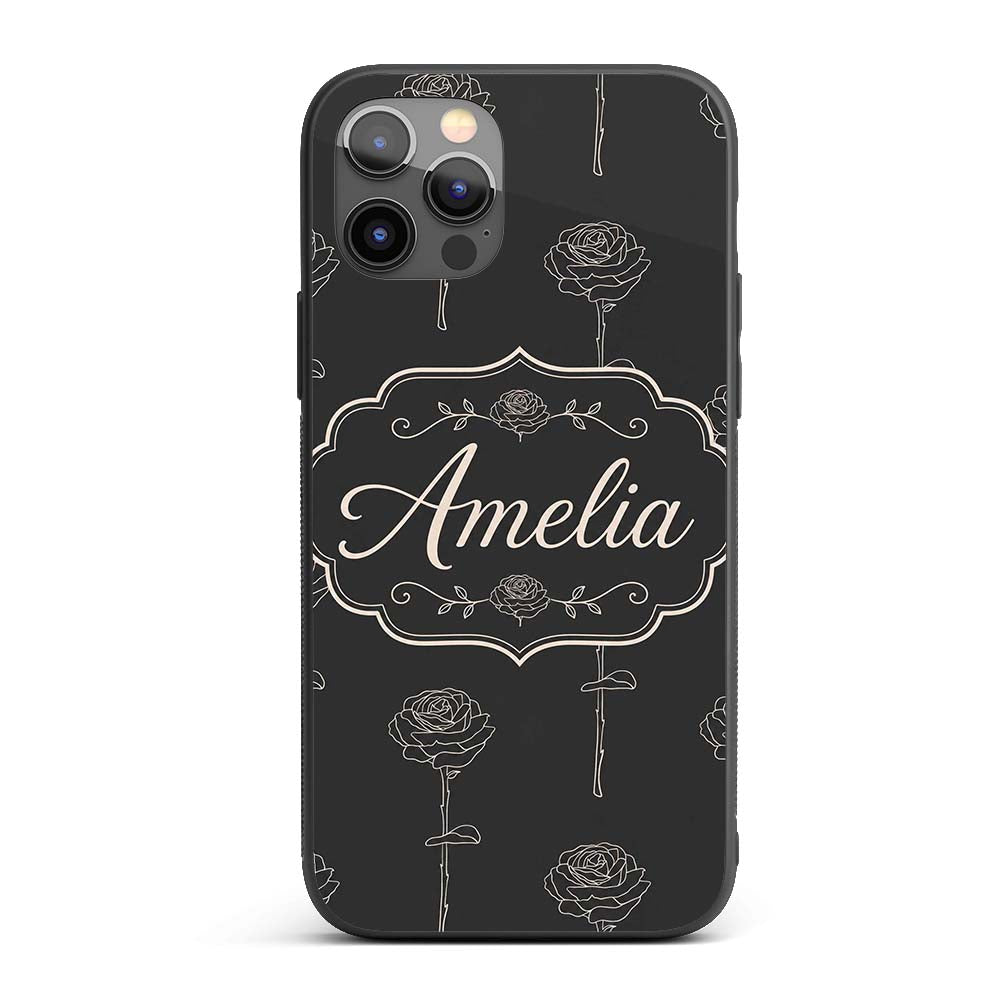Elegant Rose Line Art Floral Seamless Pattern on Custom Name Protective Phone Case Mobile Cover Durable Everyday Smartphone Shock Resistant
