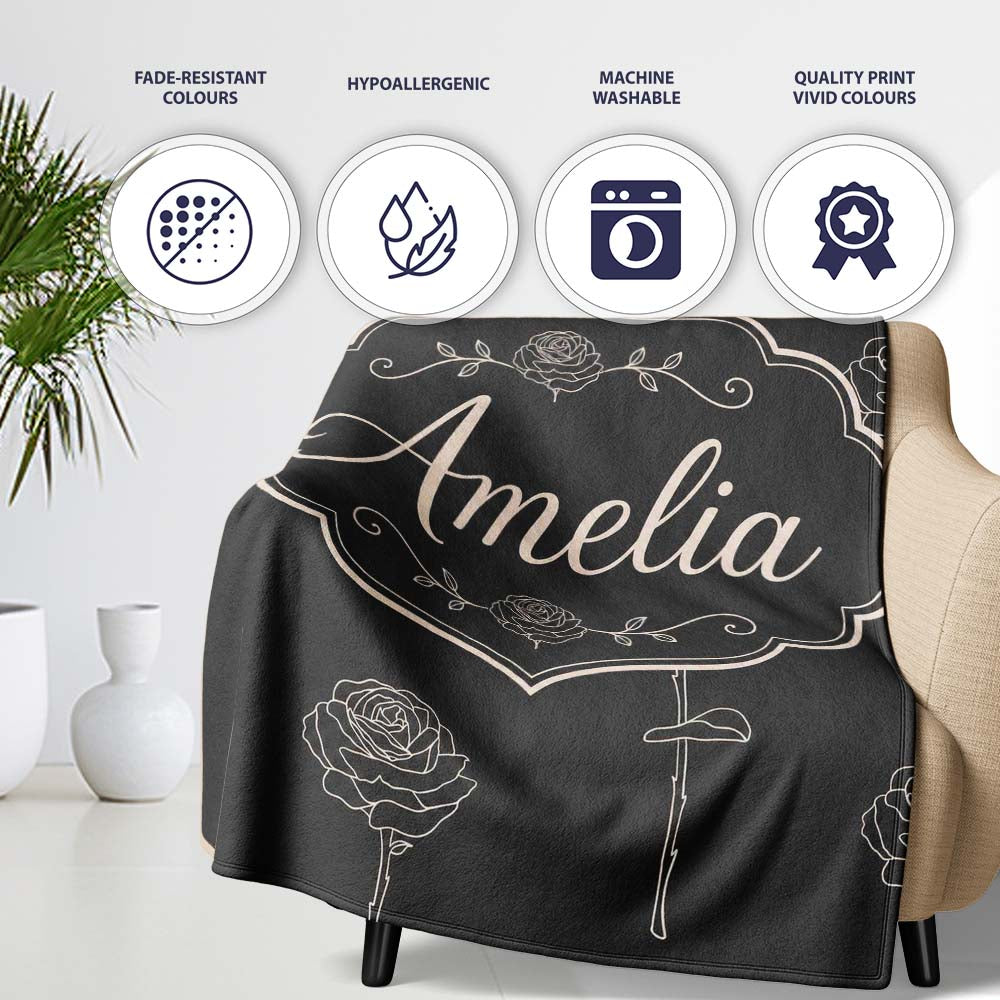 Elegant Rose Line Art Floral Seamless Pattern on Dark Background Personalised Custom Name Super Soft Fleece Blanket Bed Sofa Throw