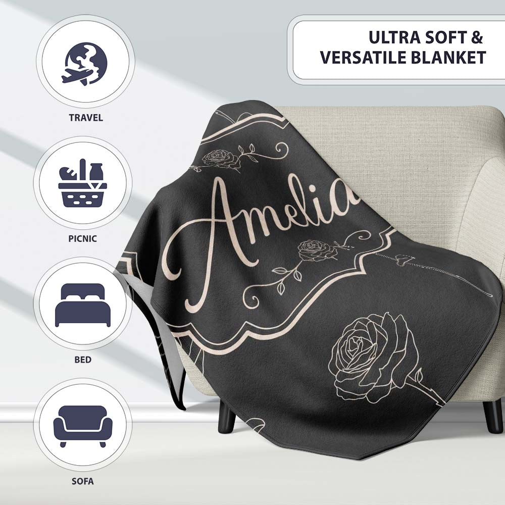 Elegant Rose Line Art Floral Seamless Pattern on Dark Background Personalised Custom Name Super Soft Fleece Blanket Bed Sofa Throw